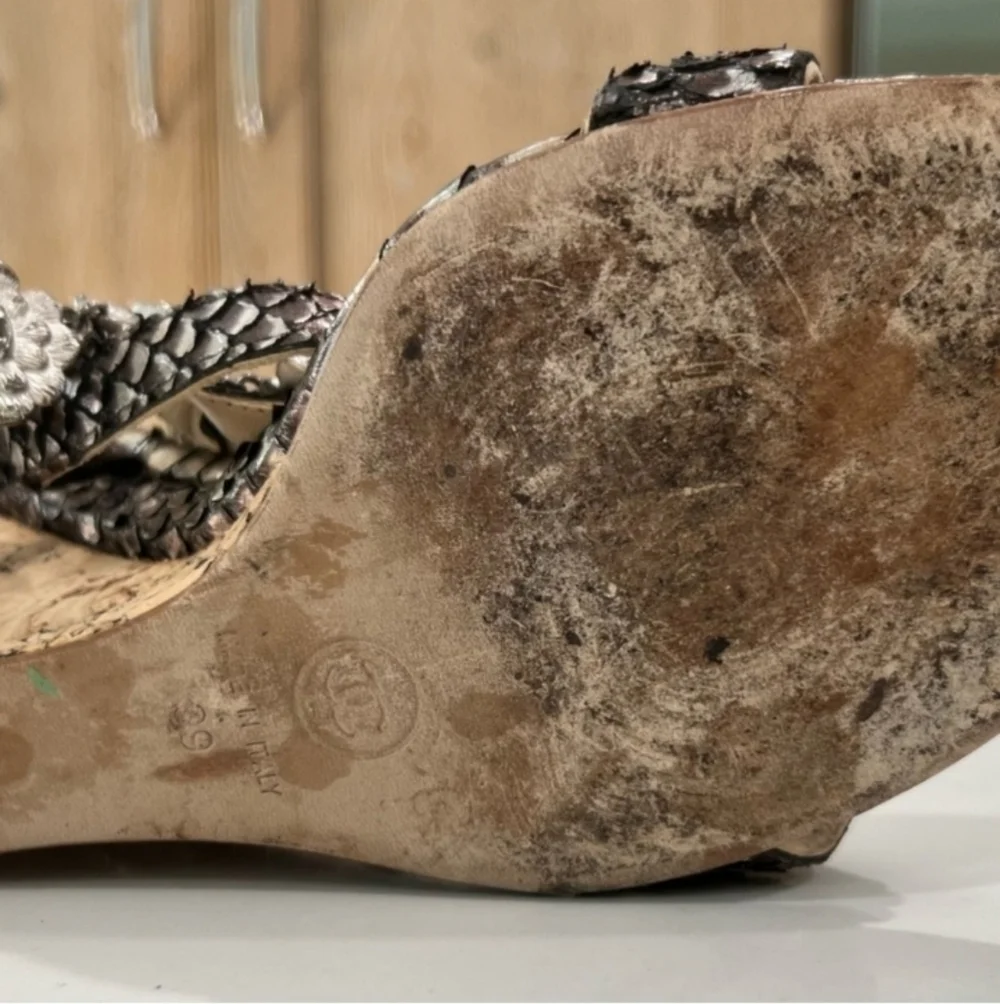 Chanel Camelia Python Leather Wedge Sandals Size 39